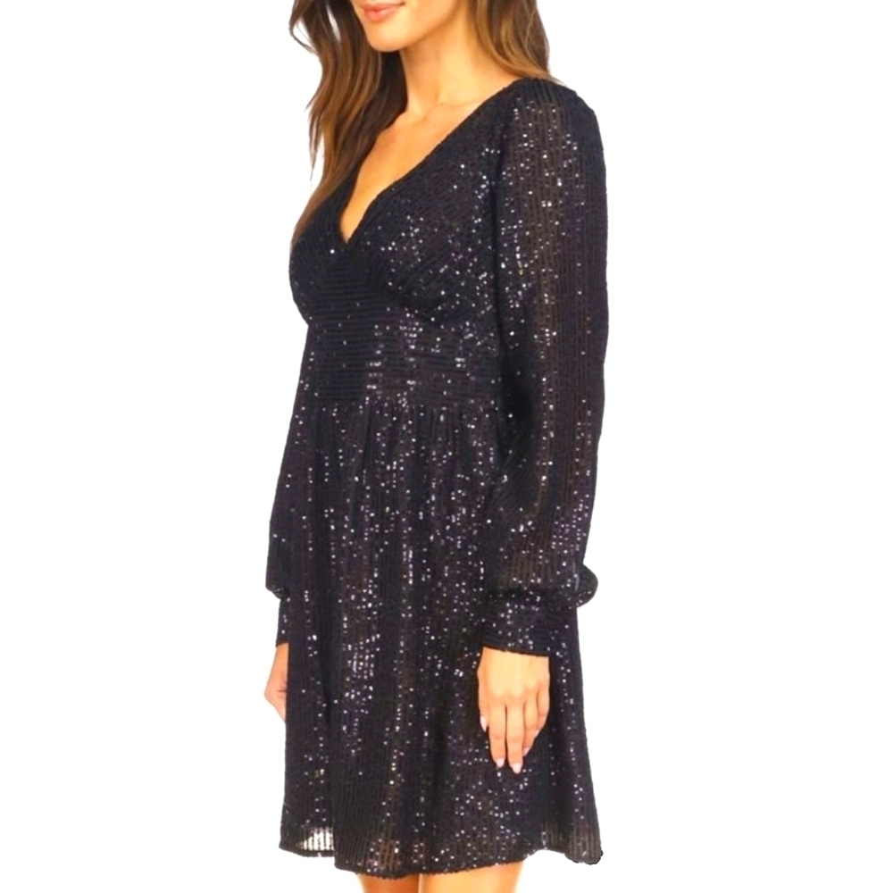 MICHAEL KORS Sequin Striped V Neck Mini Elegant Black Sequin Dress